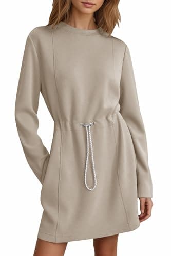 COCOMARTS Womens Casual Long Sleeve Crewneck Sweatshirt Dress Drawstring Waistband Tunic Tops Vacation Mini Dresses 2025 Fall Khaki Small - Image 1