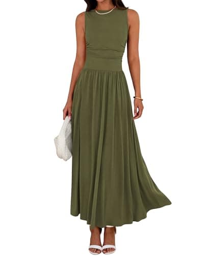 BTFBM Summer Maxi Dresses for Women 2026 Spring Sleeveless Casual Ruched High Waisted Long Sundress Flowy Beach Dress(Army Green, Small) - Image 1