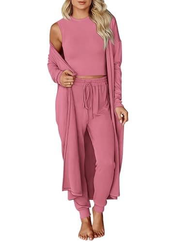 KIRUNDO 3 Piece Lounge Sets for Women Airport Travel Vacation Outfits Spring Cardigan Matching Sleeveless Top Jogger Pants(Dusty Pink, Small) - Image 1