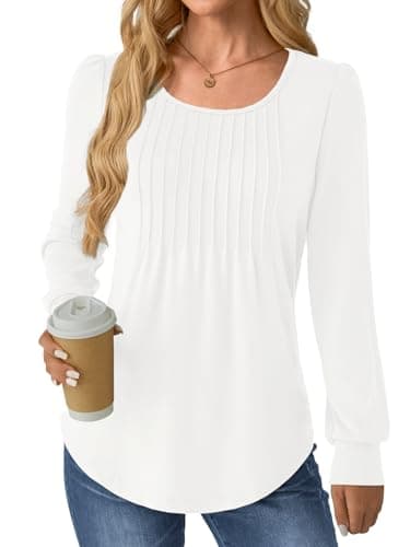 GKBK Women Long Sleeve Shirts Fall Tops Dressy Pleated Scooped Neck Tunic Tops for Leggings White M - Thumbnail 4