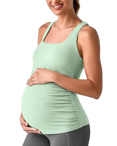 G4Free Maternity Tank Tops Workout Side Ruching Removable Pad Pregnancy Clothes Sleeveless Yoga Stretchy Casual Gym Activewear(Bean Green,S) - Image 1