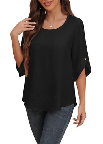 Askyes Womens Chiffon Blouses Summer Spring Casual Crew Neck Cute Tunic Tops for Leggings Chiffon Blouses for Women,Black,M - Image 1