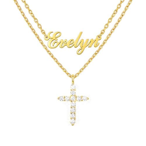 Christian Gifts for Women Name Necklace Personalized Cross - 18K Gold Plated Double Layered Faith Pendant - Custom Name Jewelry Gift for Mom Daughter Girlfriend - 15"/16"+2" Extended Durable Chain - Image 1