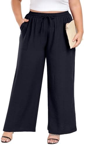 Lastshe Plus Size Pants for Women High Waist Wide Leg Dressy Casual Teacher Trousers with Pockets Spring Summer Clothes Trendy,Dark Blue,4X - Image 1