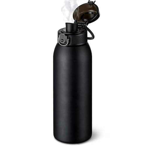 Insulated Water Bottle 24 oz with Dustproof Lid, Carry Handle & Tea Infuser, BPA-Free & Leakproof, Stainless Steel Water Bottles Ideal for Fitness, Hiking, Office & Outdoor Use (Black)