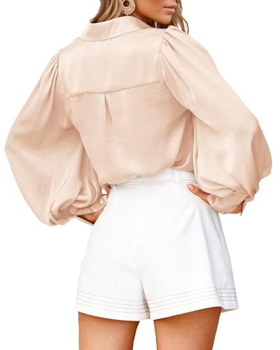 BTFBM Women Blouses Spring Fall Outfits Satin Lantern Long Sleeve Shirts Button Down Dressy Work Business Casual Tops(Beige, Medium) - Thumbnail 5