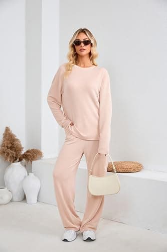 dursrove Womens Lounge Sets 2 Piece Matching Pajamas Fall Fashion 2025 Ribbed Knit Outfits Long Sleeve Casual Sweatsuits (US, Alpha, Large, Regular, Regular, Blush Pink) - Thumbnail 5