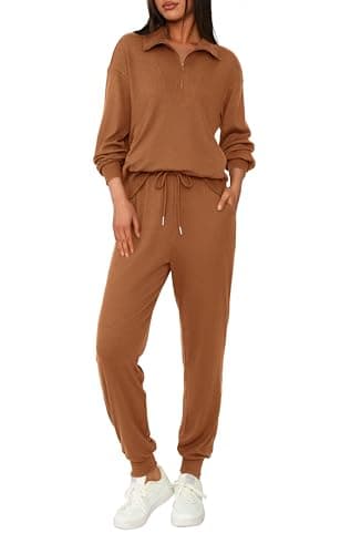 BTFBM Women's 2 Piece Tracksuit Spring Outfits 2026 Long Sleeve Half Zip Sweatshirt Sweatpants Lounge Set Sweatsuits(Solid Dark Khaki,XX-Large) - Image 1