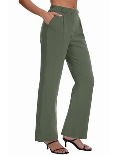 DLOODA Womens Dress Pants High Waisted Straight Leg Work Pants Pull On Business Casual Trousers Slacks with Pockets Olive Green 1L - Image 1