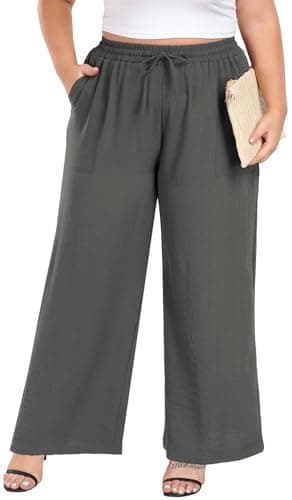 Lastshe Women Plus Size Slacks Pants High Waist Wide Leg Travel Palazzo Long Trousers with Pockets Tummy Control,Smoky Gray,3X - Image 1