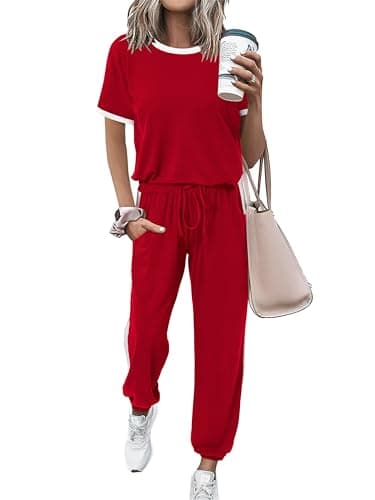 MASCOMODA Womens 2 Piece Outfits 2026 Summer Tracksuit Sets Short Sleeve Tops Travel Long Pants Jogger Lounge Set(Red,Large) - Image 1