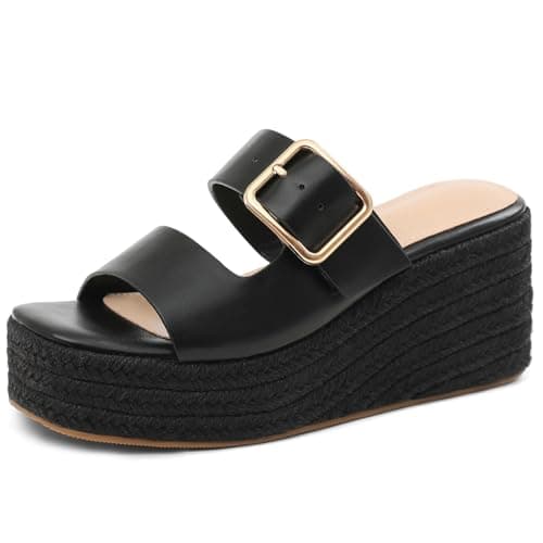 Tarkwa Platform Wedges Sandals for Women Summer Slip on Espadrille Flatform Slides Open Toe Adjustable Buckle Bohemia Beach Raffia Beach Sandals Black Size 7 - Image 1