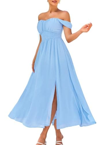 2025 Women Summer Off Shoulder Floral Flowy A Line Maxi Dress Light Blue XXL - Image 1