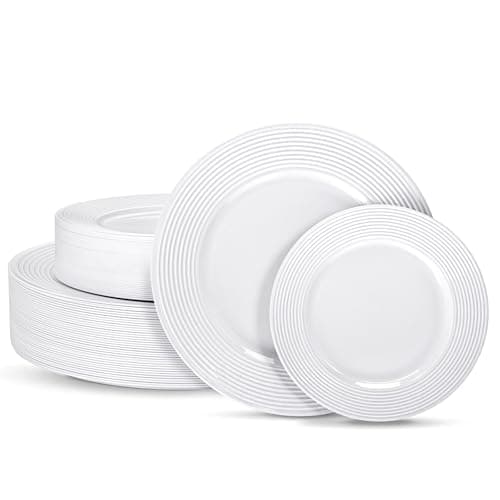 FLOWERCAT 100PCS White Plastic Plates - Heavy Duty Plastic Plates Disposable-Straw hat plates for Christmas party &Wedding/New Year - Serve for 50guests party(10inch & 7inch)(White) - Image 1