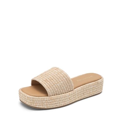 DREAM PAIRS Women Platform Slides Sandals Espadrilles Slip On Low Wedge Summer Open Toe Bohemia Dressy Beach Vacation Shoes,Size 6.5,Natural,SDWS26009W - Image 1