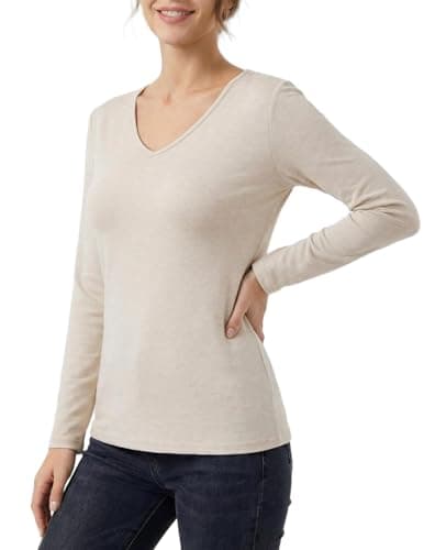GAMISS Women's Top Casual Shirt V Neck Long Sleeve Basic Solid Color Tee Beige M - Image 1