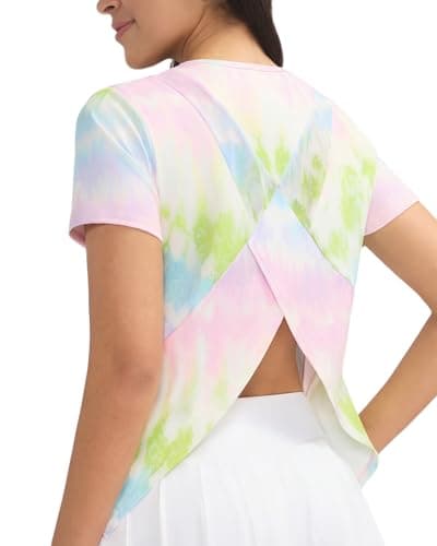 Ama Larsi Women’s Printed Workout Tops Short Sleeve Athletic Gym T-Shirt Split Back Breathable Loose Fit Yoga Tee - Image 1