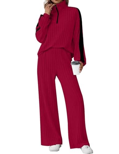 JUSTFASHIONNOW Womens 2 Piece Sweatsuits Set Long Sleeve Ribbed Knit Comfy Lounge Sets Half Zip Pullover Sweatshirt Wide Leg Sweatpants Fall Outfits Christmas Tracksuit (Red, XX-Large) - Image 1