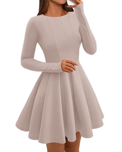 BTFBM Spring Dresses for Women 2026 Long Sleeve High Waist Pleated Flowy Aline Party Wedding Guest Dress Business Casual(Beige, Large) - Image 1