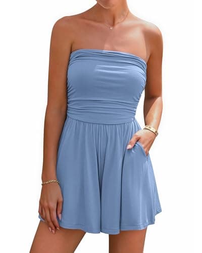 BTFBM Womens Romper 2026 Spring Summer Strapless Tube Tops Beach Vacation Clothes Boho Loose Shorts Jumpsuits Pockets(Blue, Medium) - Image 1