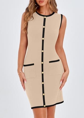 KIRUNDO Women's Work Business Casual Dress 2026 Summer Cocktail Semi Formal Office Elegant Classy Knit Color Block Dresses(Apricot, Small) - Thumbnail 5