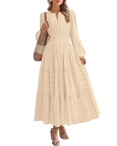 BTFBM Fall Dresses for Women 2026 Casual Long Sleeve V Neck Elastic Waist Lightweight Maxi Wedding Guest Dress Pockets(Apricot, Small) - Image 1