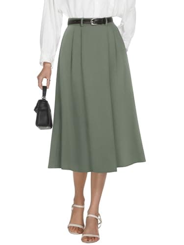 Casly Lamiit Womens High Waisted Midi Skirts Summer Dressy A Line Pleated Skirt with Pockets Work Skirt Army Green XS - Image 1