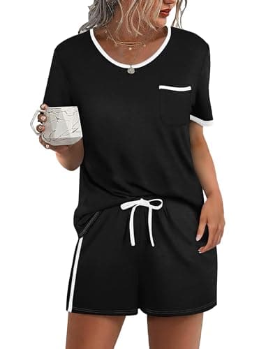 WIHOLL Womens Pajamas Shorts Lounge Set 2 Piece Summer Loungewear Ladies Pjs Sets Cute Sleepwear Comfy Soft Spring Matching Sets Black Nightgowns L - Image 1