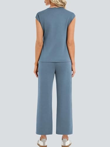 Casly Lamiit 2 Piece Lounge Sets for Women Summer Outfits Crew Neck Belted Crop Top Women Travel Clothing Blue Grey XS - Thumbnail 4