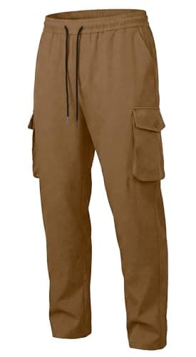 DISLANBO Men's Lightweight Cargo Pants Elastic Drawstring Casual Relaxed Fit Tapered Pants Multi Pockets Coffee M - Image 1