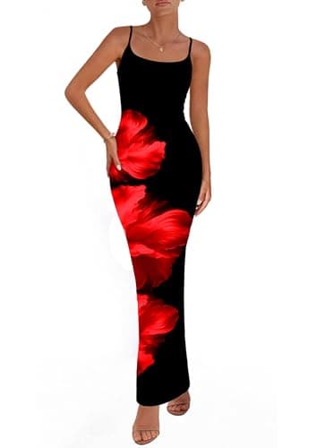PRETTYGARDEN Womens Floral Maxi Dress Summer Spaghetti Strap Mesh Backless Slip Party Long Bodycon Dresses(Floral Black Red,X-Large) - Image 1