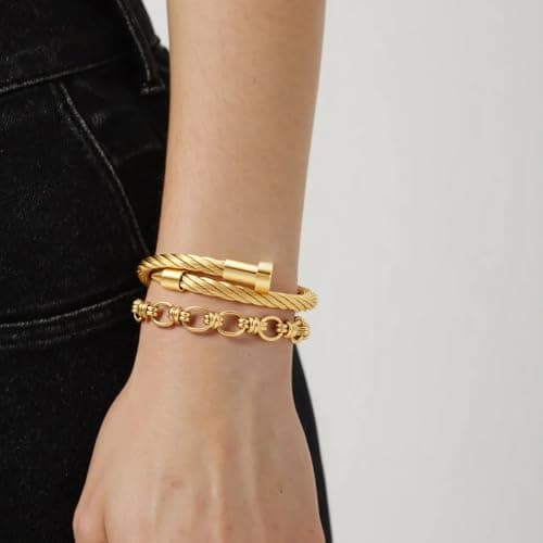 LCTrusttmor Gahna 18K Gold Plated Bracelets Set for Women, Stackable Adjustable Link Chain Bracelet, Trendy Jewelry Gifts for Women - Thumbnail 2