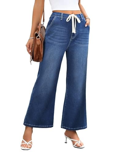 HDLTE Wide Leg Jeans Woman High Waisted Trendy Pull On Elastic Waist Drawstring Stretchy Denim Jean Pants with Pockets，Deep Blue，S - Image 1
