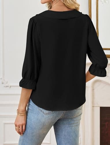 Theenkoln Womens Victorian Ruffle Blouse:3/4 Ruffle Sleeve V-Neck Business Casual Tops Summer Trendy Fashion Work Shirt Black Medium - Thumbnail 2
