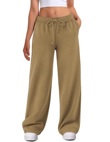 ATHMILE Women's Wide Leg Sweatpants High Waisted Baggy Interior Drawstring Joggers Straight Leg Sweat Pants with Pockets Dark Khaki - Image 1