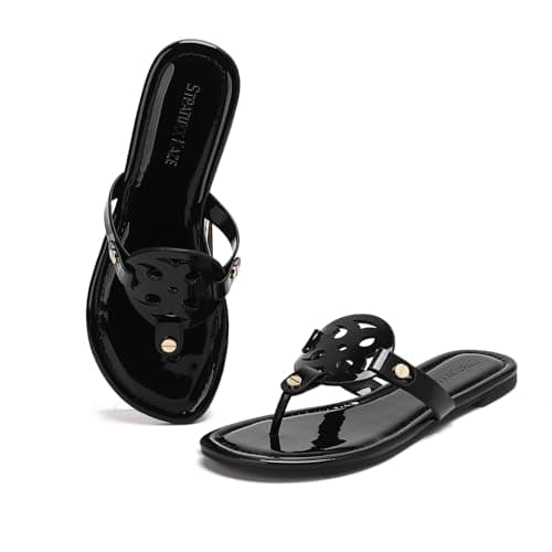 Stratuxx Kaze Women's Dressy Patent Leather Thong Sandals with Memory Foam,Comfy Beach Slides Slip On Flat Sandals for Women - Image 1
