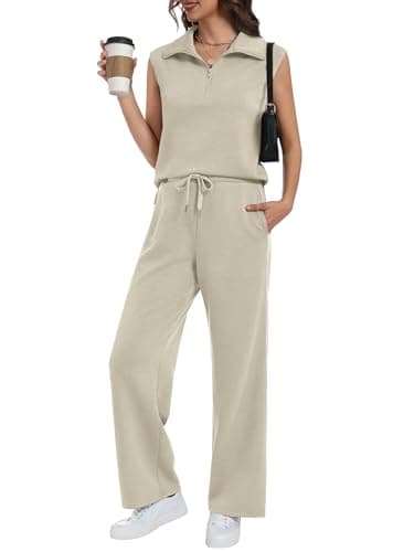 Casly Lamiit Womens 2 Piece Outfits Spring Casual Lounge Set 1/2 Zip Lapel Sleeveless Tanks Wide Leg Pant Sets Travel Airport Clothing Dark Beige XL - Image 1