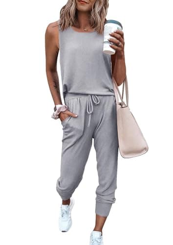 PRETTYGARDEN Women's Two Piece Outfit Sets Casual Summer Sleeveless Crewneck Tops and Sweatpants Active Tracksuit Lounge Wear (Light Grey,Large) - Image 1