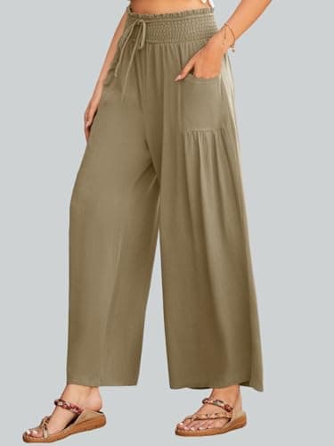 JUYUEO Women Linen Pants Wide Leg High Waisted Casual Summer Beach Palazzo Pants with Pockets Khaki M - Thumbnail 4