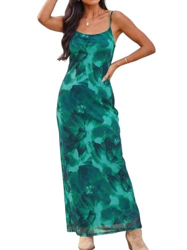 ZAFUL Womens Summer Floral Maxi Dress Spaghetti Strap Mesh Stretch A Line Dresses 2026 Boho Casual Vacaion Party Wedding Guest Slip Long Dresses Spring Clothing Green X-Large - Image 1