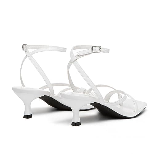 Athlefit Kitten Strappy Heels for Women Square Open Toe Low Heel Sandals Ankle Strap White Sexy Party Wedding Dress Shoes Size 8.5 - Thumbnail 5