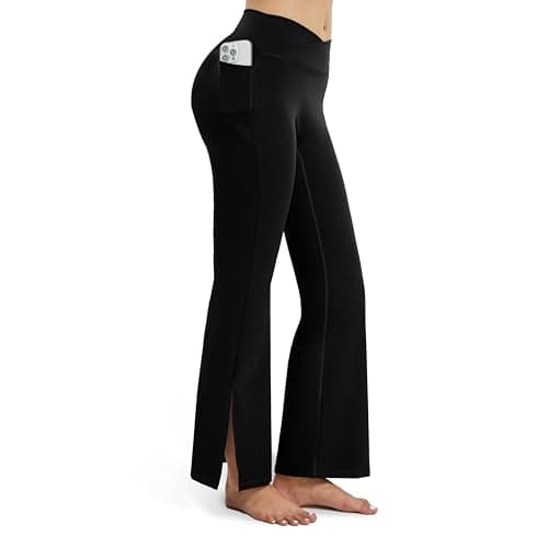AMLEER Women's V Waist Side Split Wide Leg Yoga Leggings - High Waisted Crossover Stretchy Workout Flare Yoga Pants（Black, Small - Image 1