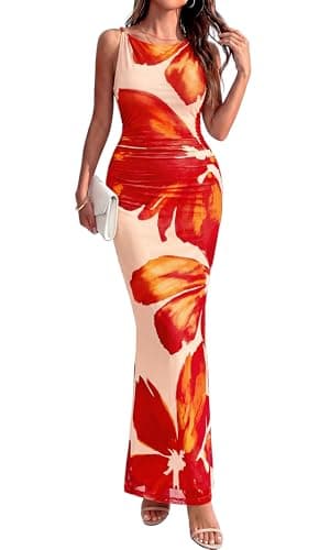 BTFBM Women Floral Cocktail Wedding Guest Dress Summer Spring 2026 Twist Strap Bodycon Mesh Beach Vacation Maxi Dresses(Floral Orange Pink Red, XX-Large) - Image 1