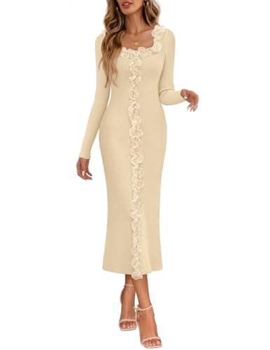 MEROKEETY Women's Fall Long Sleeve Sweater Dress 2025 Bodycon Square Neck Ruffle Ribbed Knit Midi Dresses, Apricot, Large - Image 1