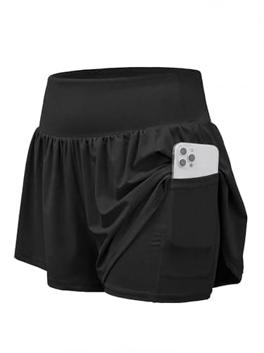 Stelle Women 2 in 1 Running Shorts Flowy Athletic Short High Waisted Workout Tennis Gym Short with Liner Pockets (Black, L) - Image 1