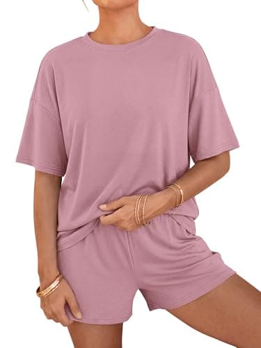 BTFBM Two Piece Sets For Women Summer Outfits Short Sleeve Tops Lounge Shorts Sets Oversized Matching Sets Pockets 2026(Pink, X-Large) - Image 1