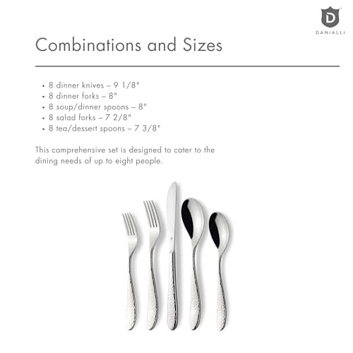 Danialli Matte Silverware Set, 18/10 Stainless Steel Satin Flatware, Modern Brushed Finish Cutlery, Dishwasher Safe & Durable, Built to Last (40-Piece, Marettimo Hammered) - Thumbnail 6