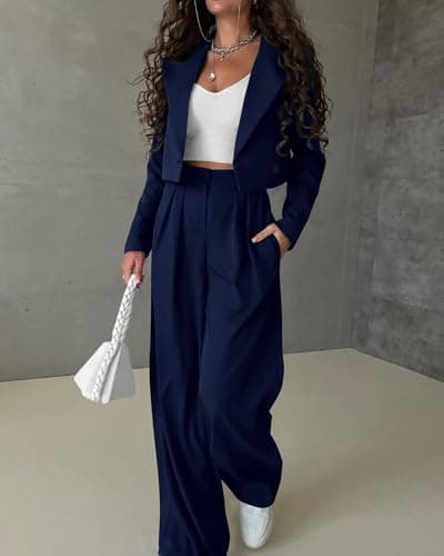 KIRUNDO Womens Blazers for Work Casual Long Sleeve Cropped Blazer Pleated Wide Leg Pants Sets 2 Piece Outfits Spring Fall Fashion Teacher Clothes(Navy, XX-Large) - Thumbnail 5