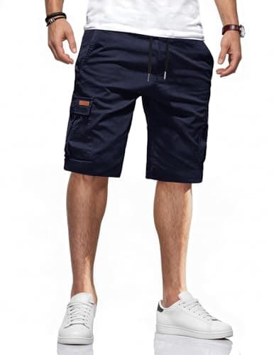 AUSELILY MEN Mens Cargo Shorts Drawstring 9 inch Casual Outdoor Work Relaxed Fit Elastic Waistband Summer Stretch Waist Baggy Big and Tall with Pockets Navy Blue XL - Image 1