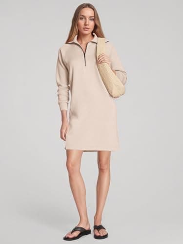 COCOMARTS Womens Long Sleeve Sweatshirt Dress Crewneck Quarter Zip Mini Dresses with Pocket 2025 Fall Winter Fashion Clothes Apricot Small - Thumbnail 5